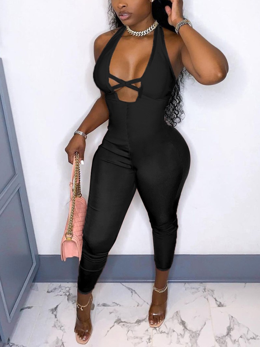 

Lovely Casual Hollow-out Basic Skinny Black One-piece Jumpsuit