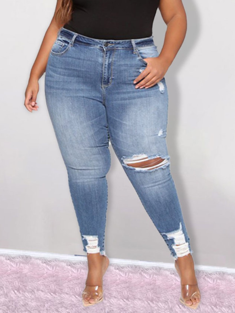 

Lovely Plus Size Street Mid Waist Ripped Blue Jeans