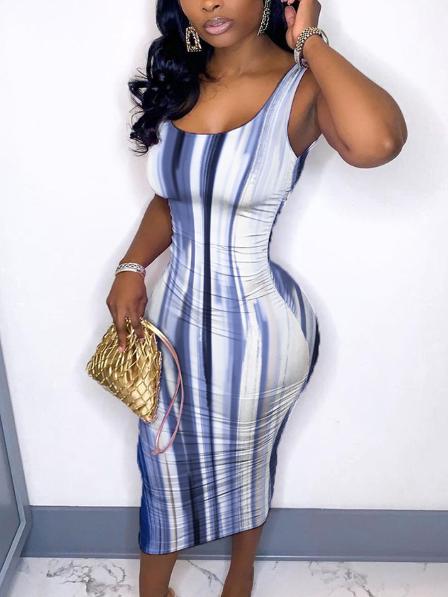 

Lovely Casual U Neck Graffiti Print Blue Mid Calf Dress