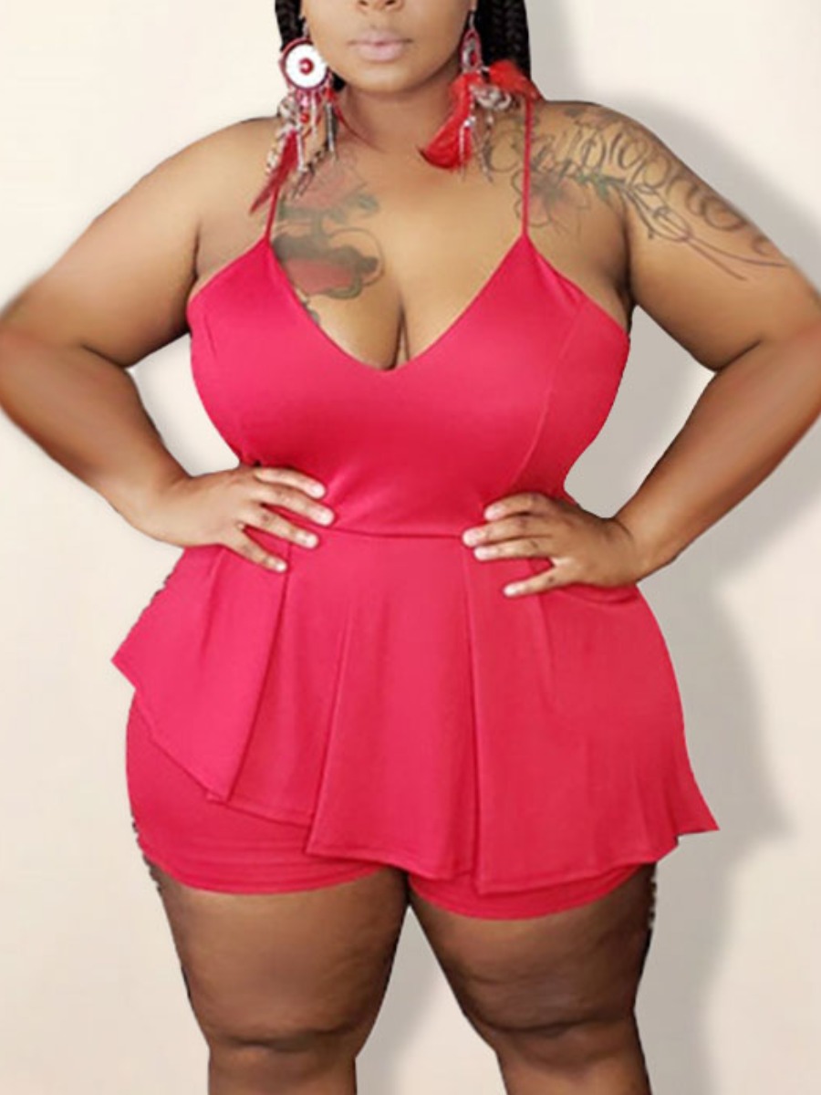 

Lovely Plus Size Casual V Neck Flounce Design Red One-piece Romper