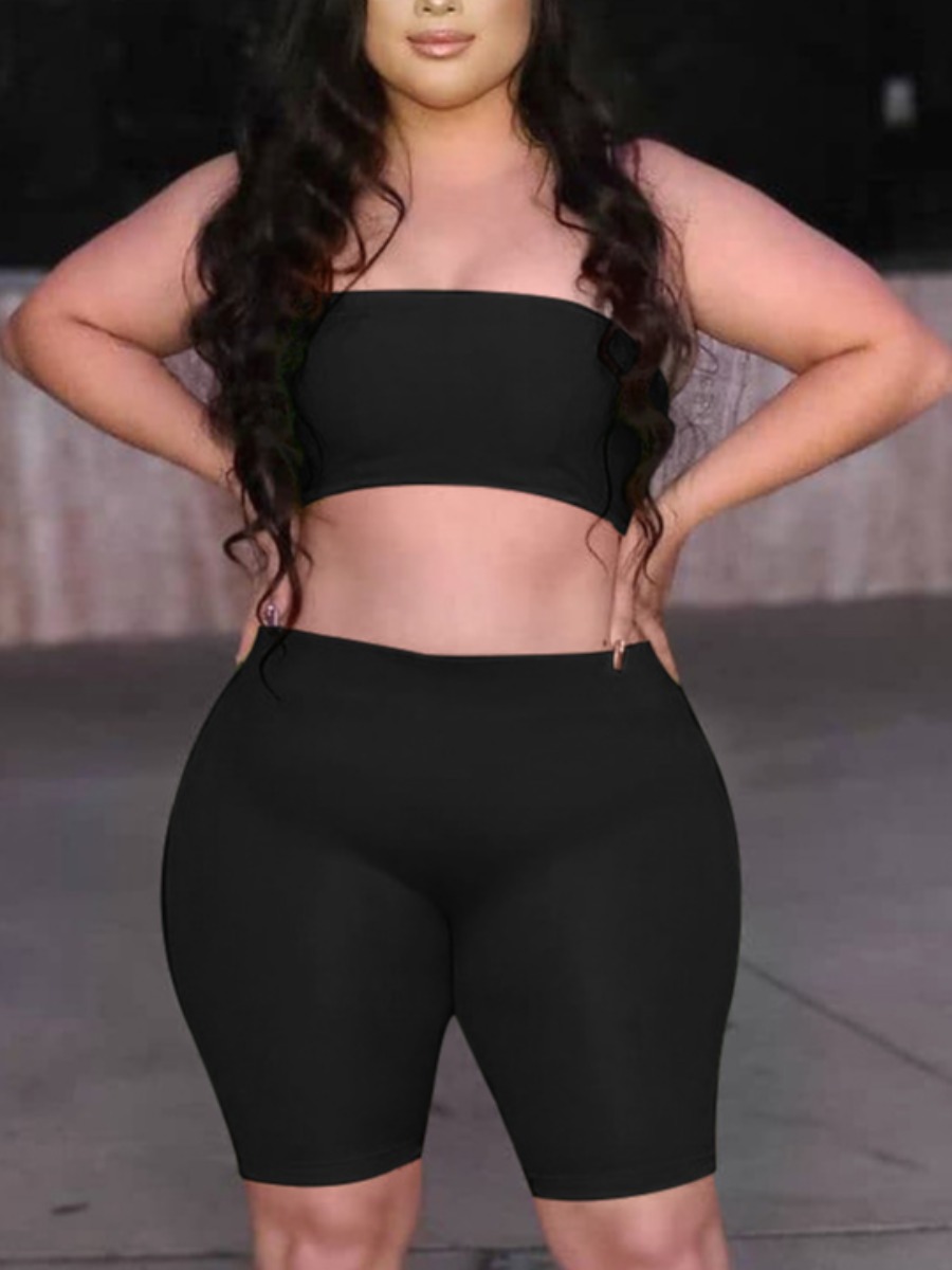 

Lovely Plus Size Sporty Off The Shoulder Basic Skinny Black Two-piece Shorts Set