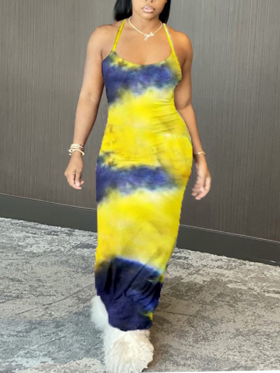 

Lovely Casual Tie-dye Patchwork Yellow Ankle Length Dress