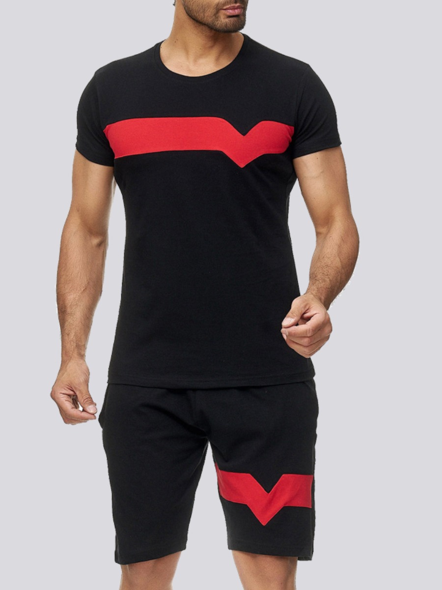 

Lovely Men Sporty Color-lump Drawstring Black Two Piece Shorts Set
