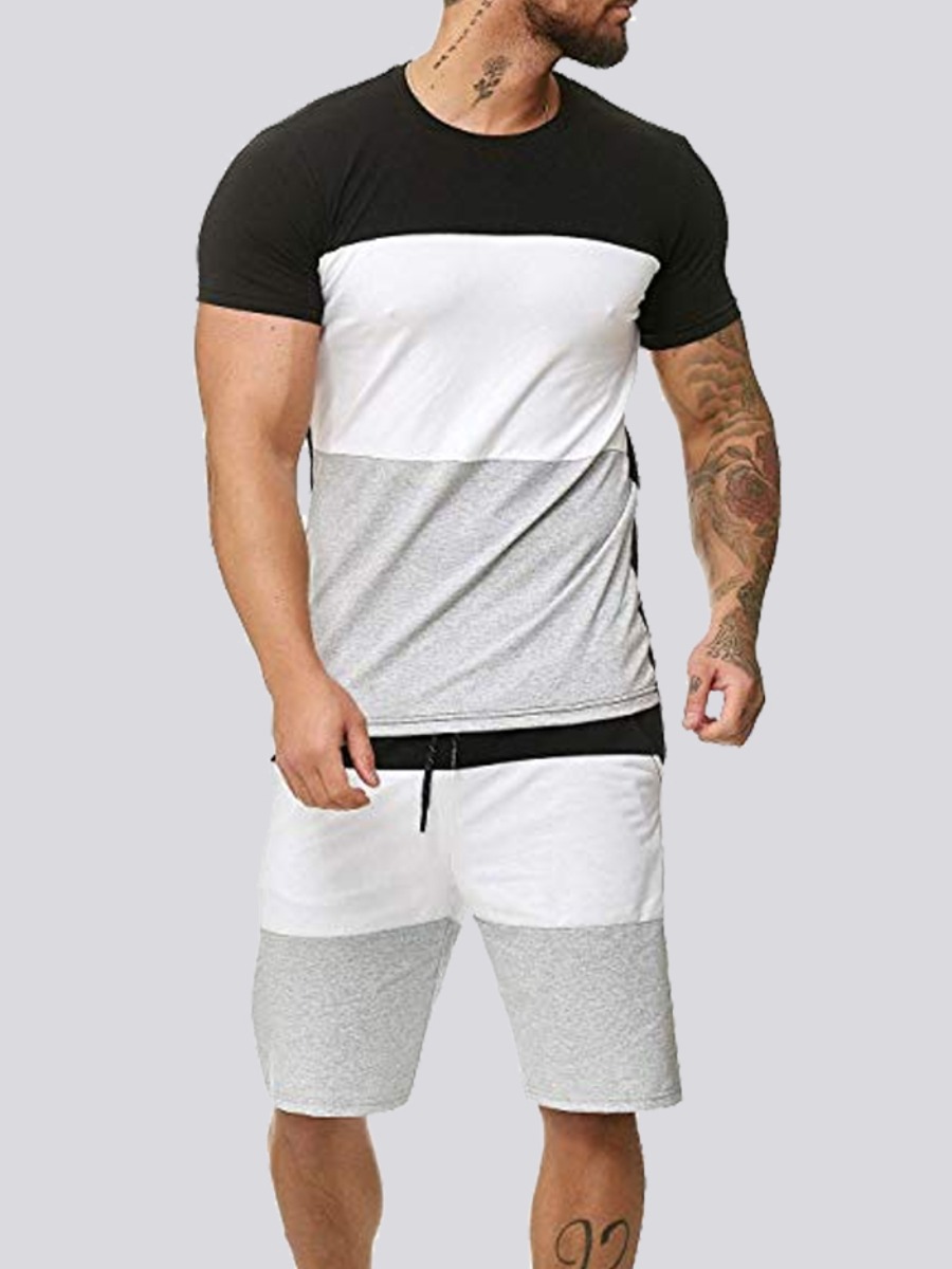 

Lovely Men Sporty Color-lump Patchwork Black Two Piece Shorts Set