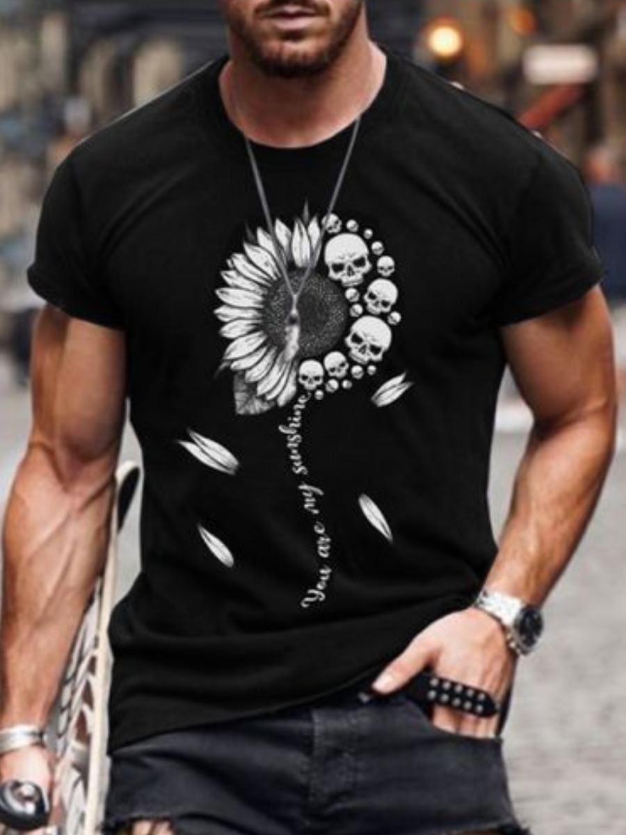 

Lovely Men Casual Skull Head Floral Print Black T-shirt
