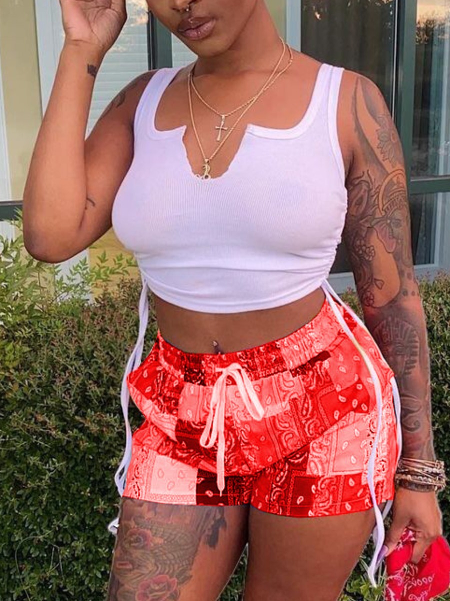LW Street Rib-Knit Cashew Print Drawstring Red Two Piece Shorts Set