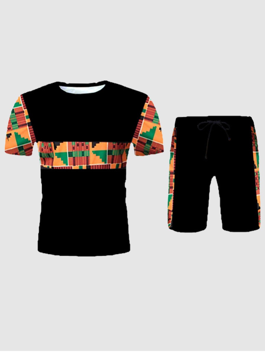 

Lovely Men Casual Geometric Print Drawstring Black Two Piece Shorts Set