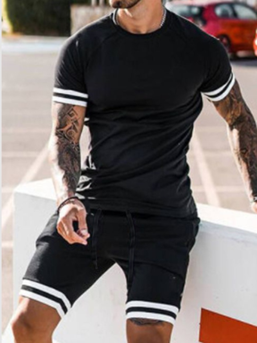 

LW Men Sporty Striped Drawstring Black Two Piece Shorts Set