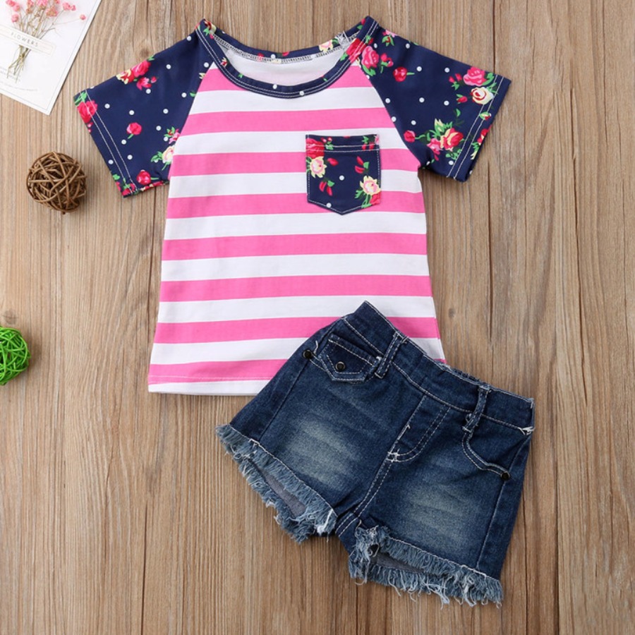 

LW COTTON Girl Casual Floral Print Striped Pink Two Piece Shorts Set