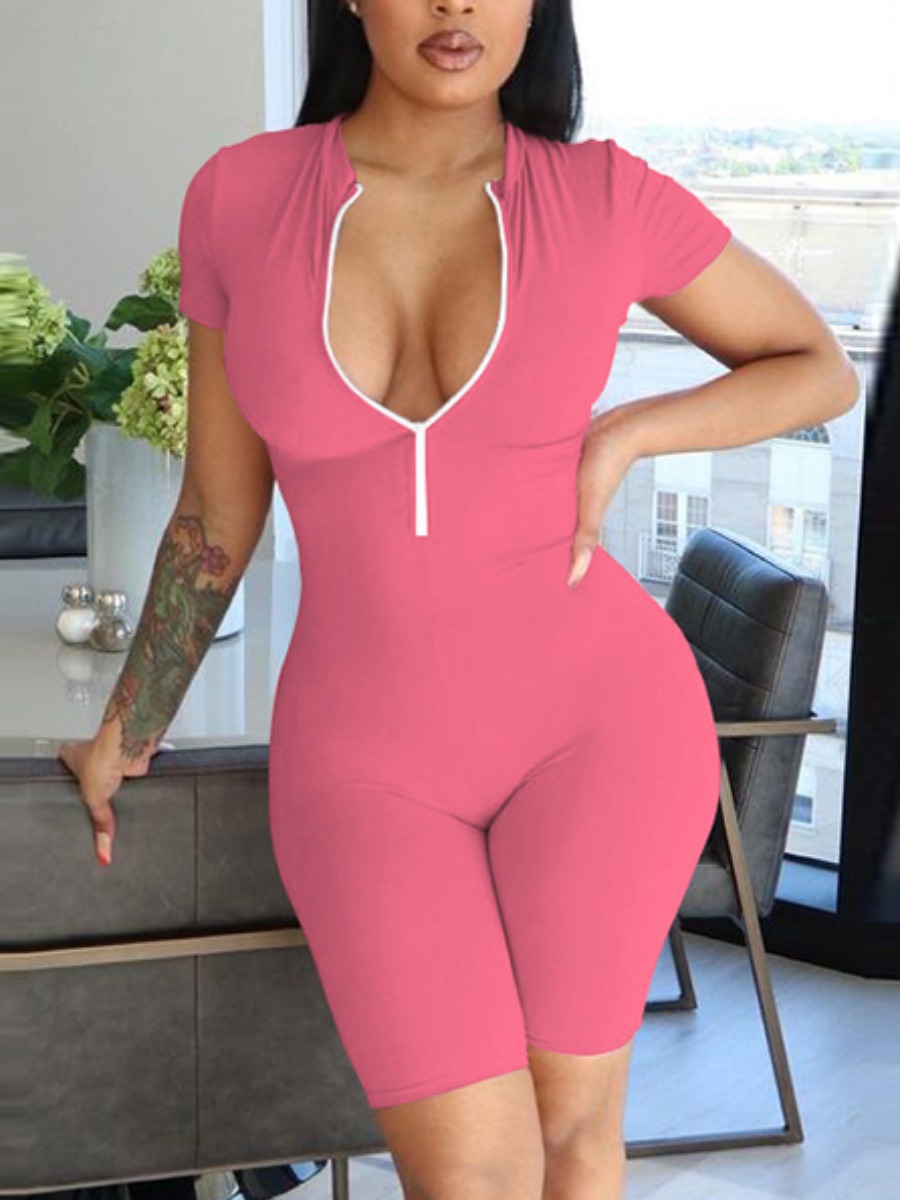 

LW BASICS Casual V Neck Button Design Pink One-piece Romper