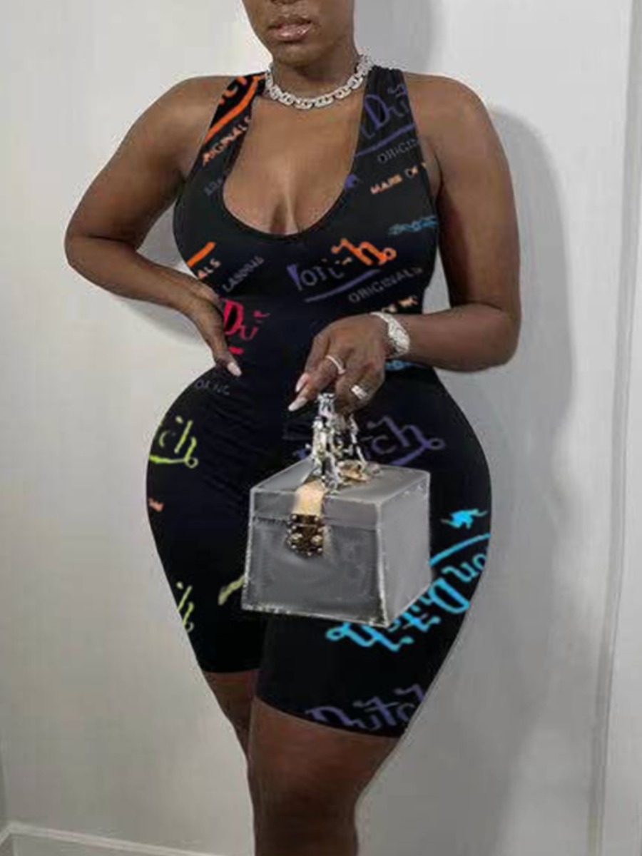 

Lovely Plus Size Street Letter Print Backless Black One-piece Romper
