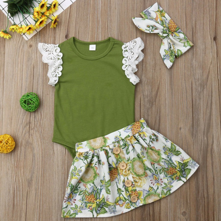 

Lovely Girl Sweet Floral Print Mesh Button Design Green Two Piece Skirt Set(With Headband)