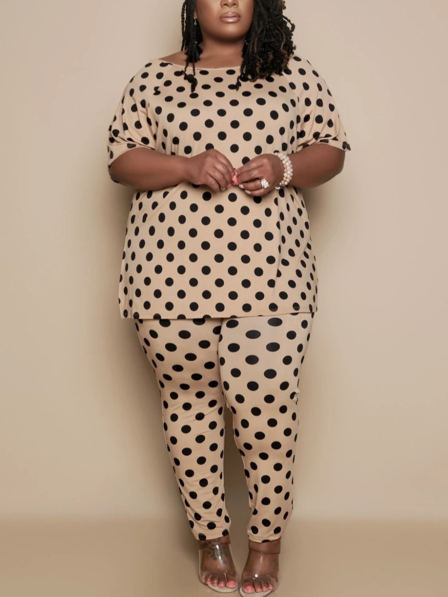 

Lovely Plus Size Casual O Neck Dot Print Khaki Two-piece Pants Set