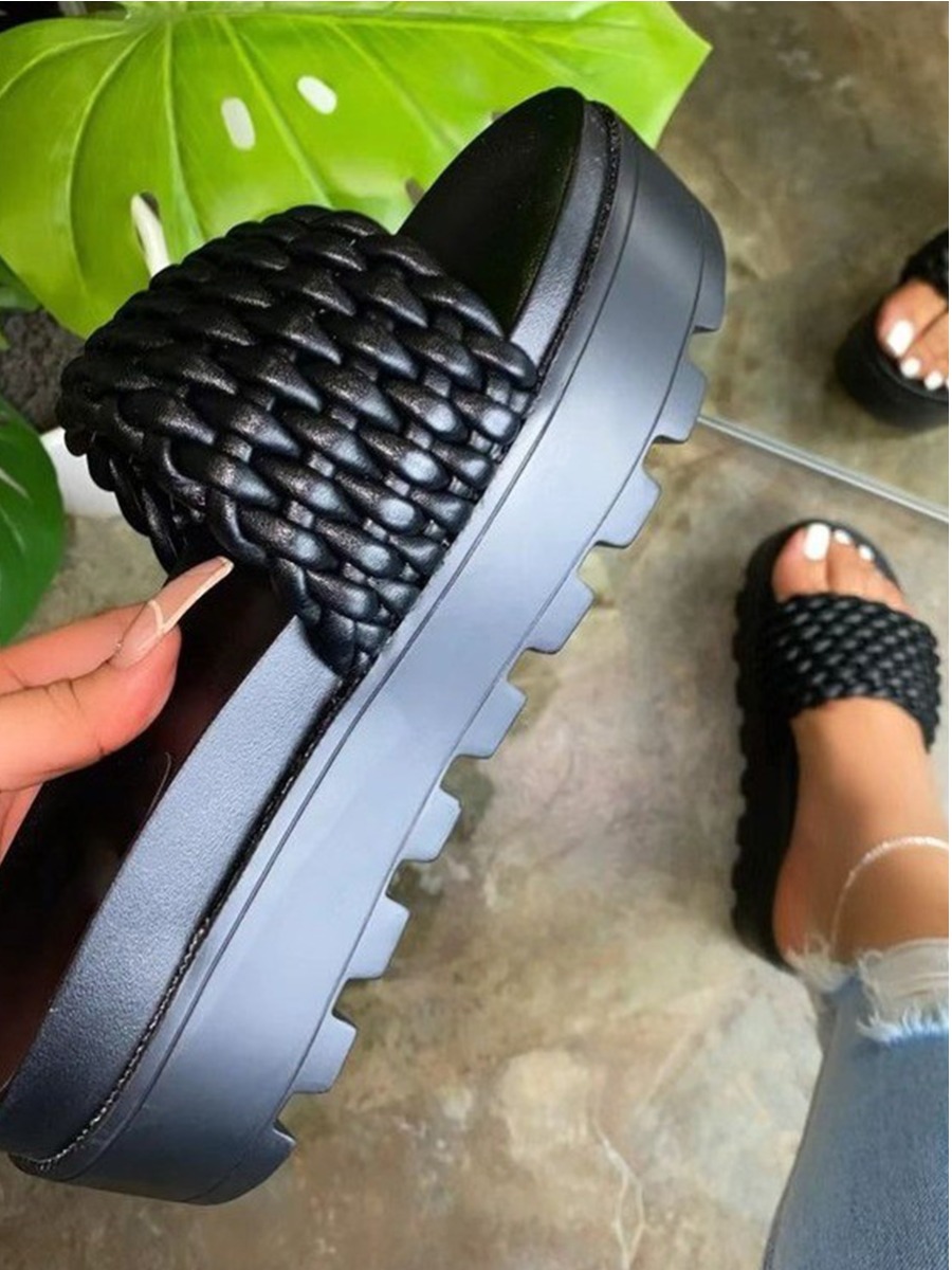 LovelyWholesale Casual Woven Black Platform Slides Summer Casual Patchwork Spring Summer 2024