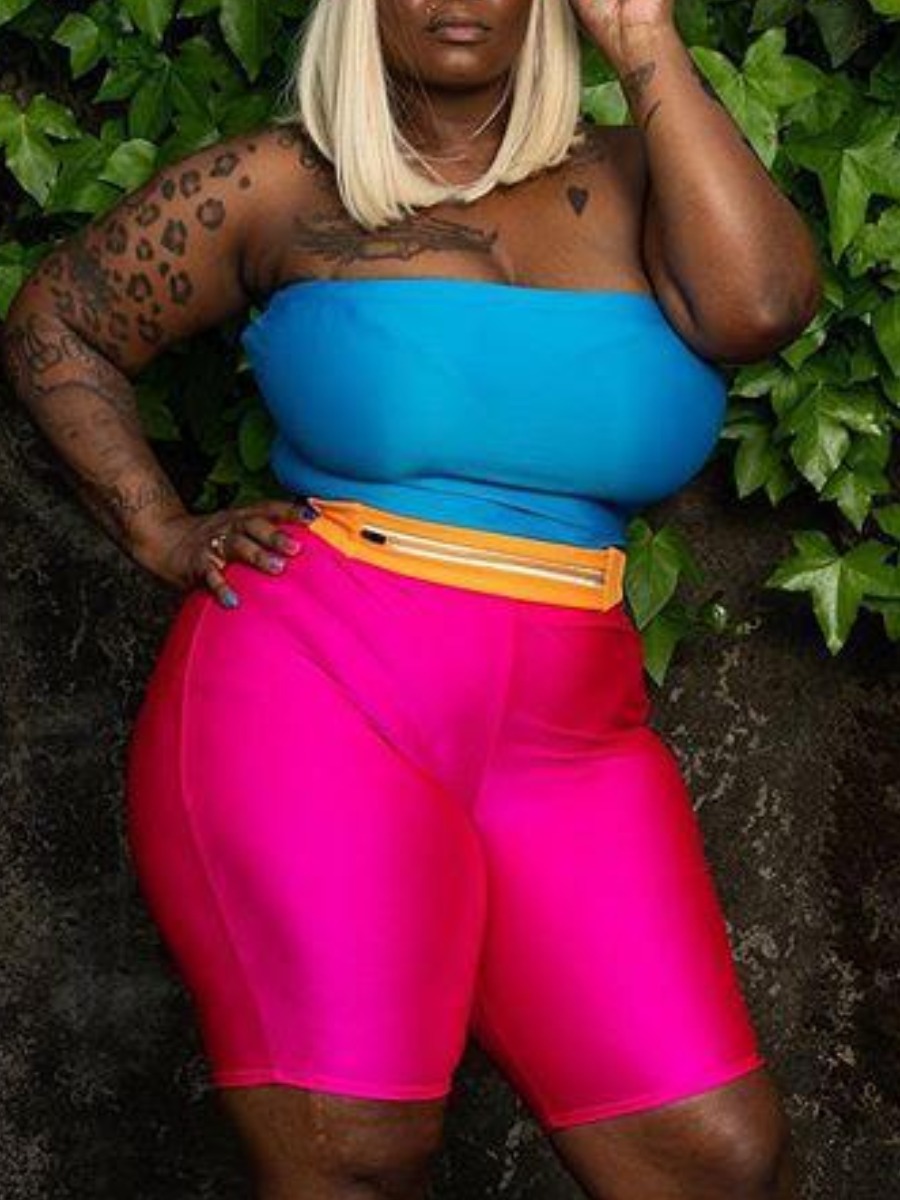 

Lovely Plus Size Street Off The Shoulder Elastic Baby Blue Two-piece Shorts Set