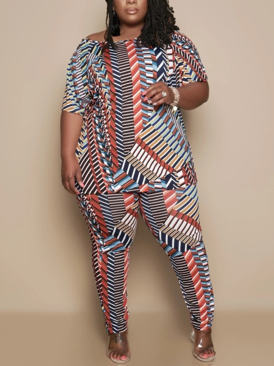 

LW Plus Size Casual O Neck Geometric Print Multicolor Two-piece Pants Set, Multi