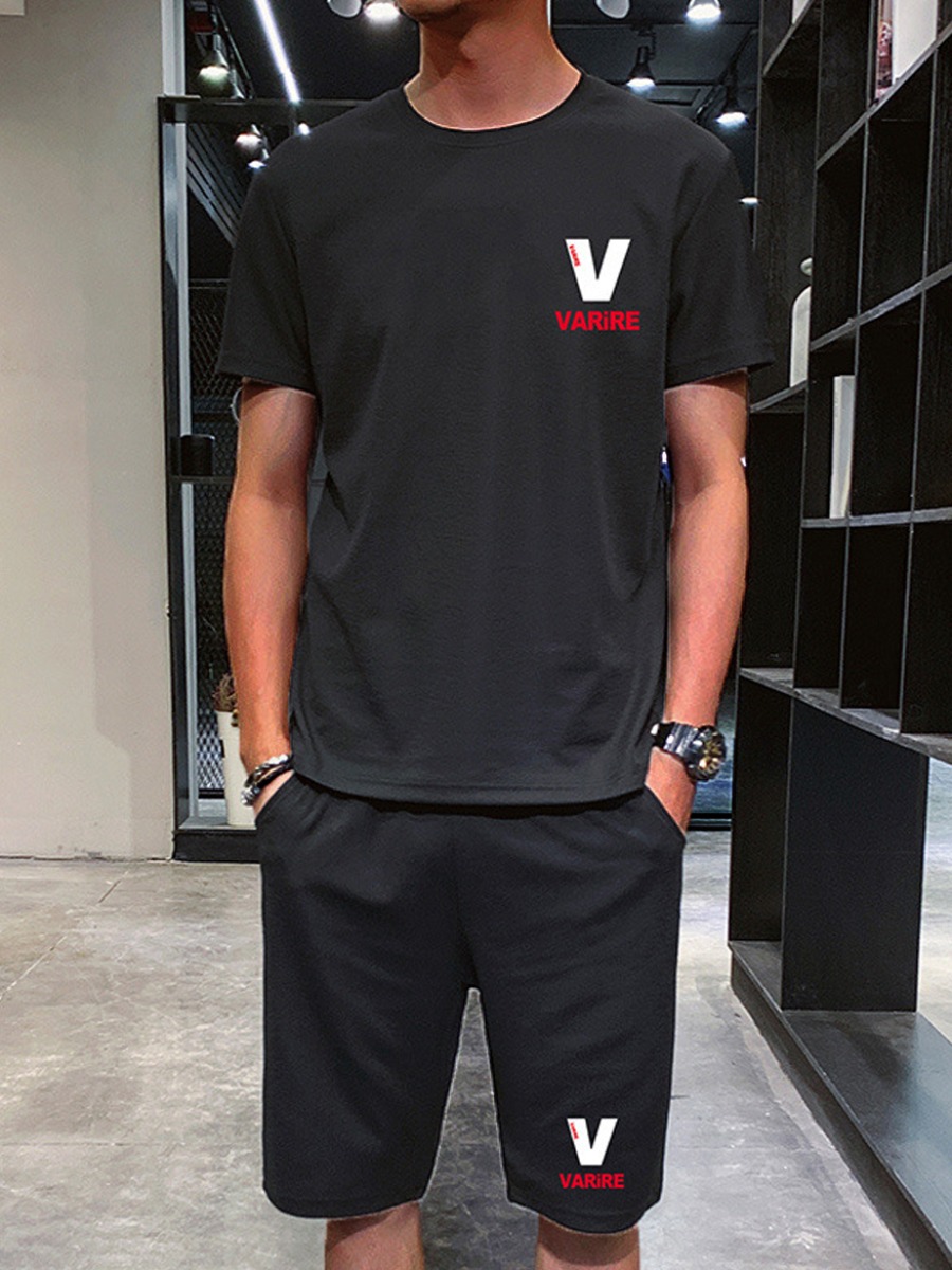 

Lovely Men Casual O Neck Letter Print Black Two Piece Shorts Set