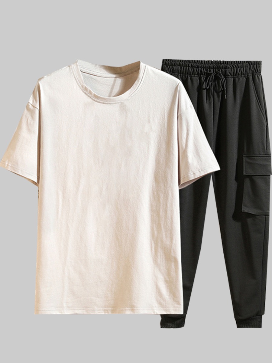 

Lovely Men Casual Side Pocket Drawstring White Two Piece Pants Set
