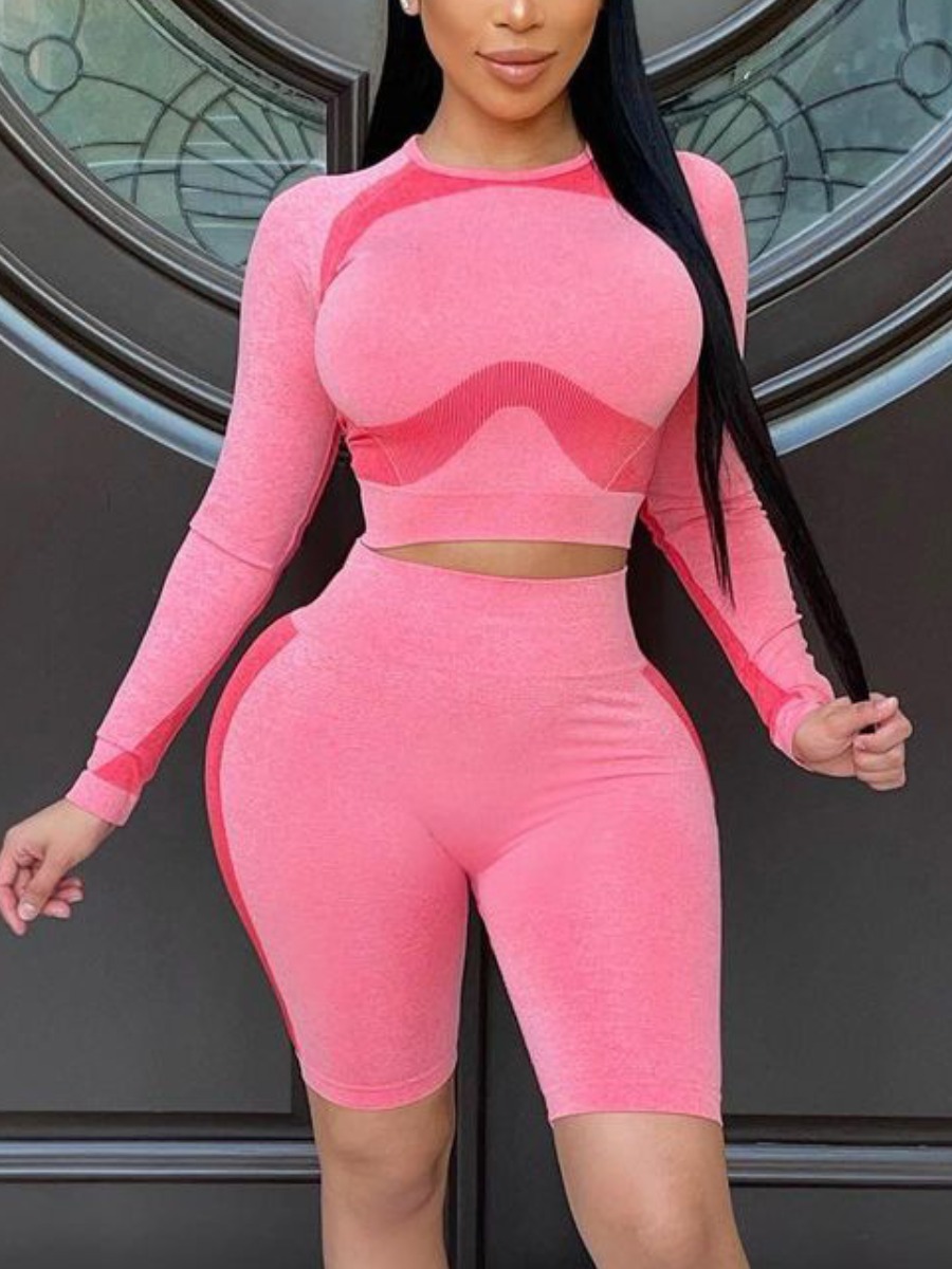 

Lovely Sporty O Neck Color-lump Pink Yoga Two Piece Shorts Set