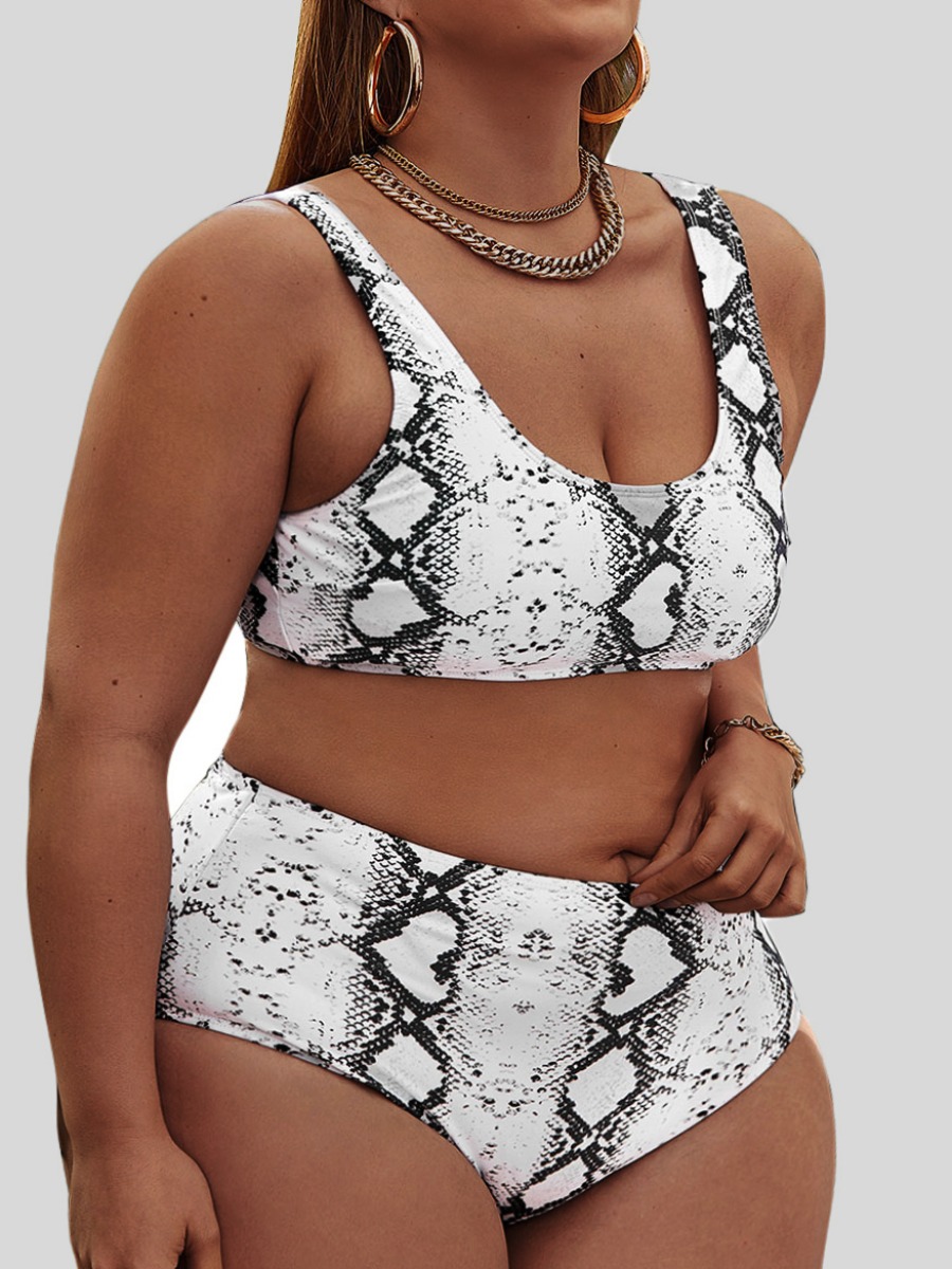 

Lovely Plus Size Boho U Neck Cobra Print White Tankini