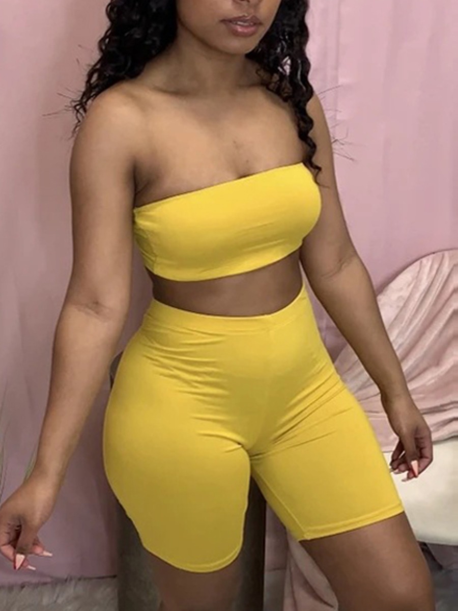 

Lovely Casual Off The Shoulder Basic Skinny Yellow Two Piece Shorts Set