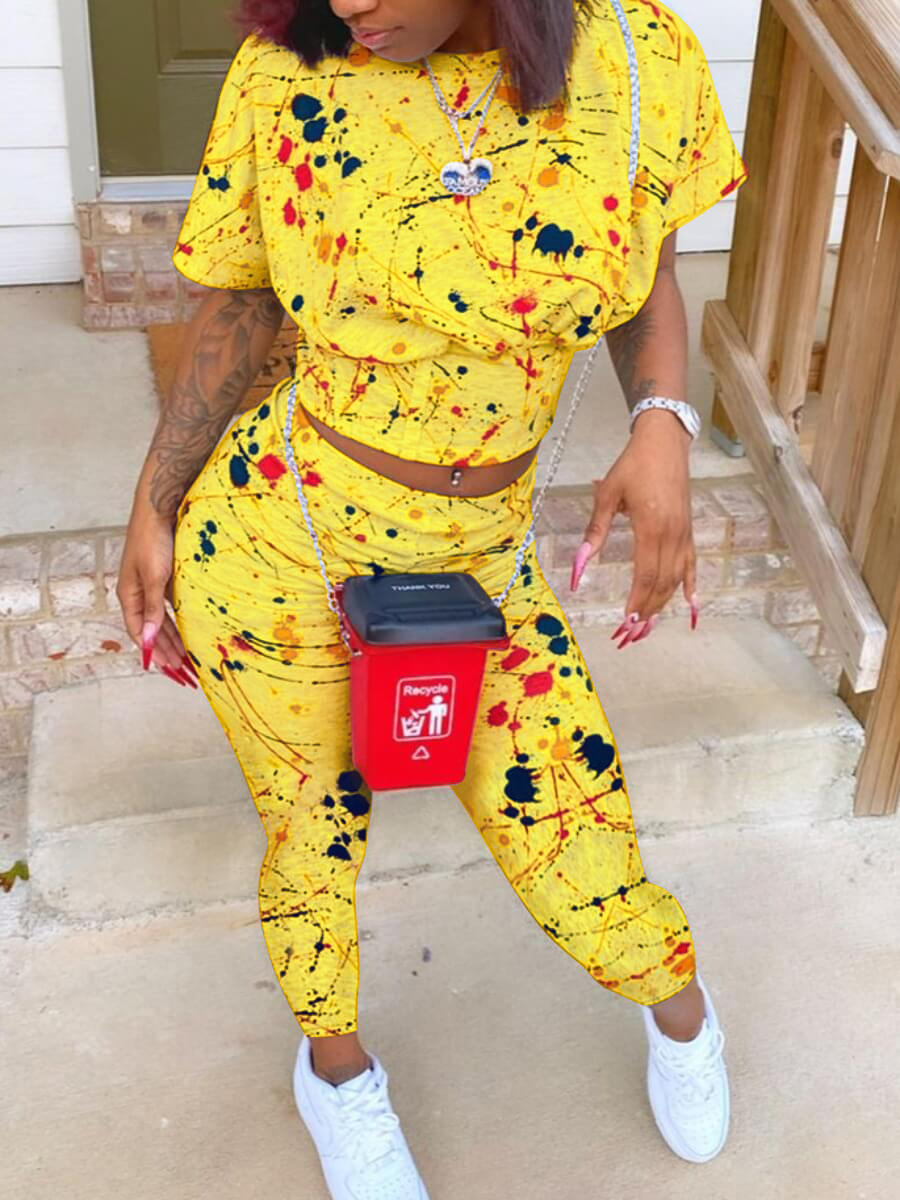 

Lovely Casual O Neck Splash Ink Print Yellow Two Piece Pants Set