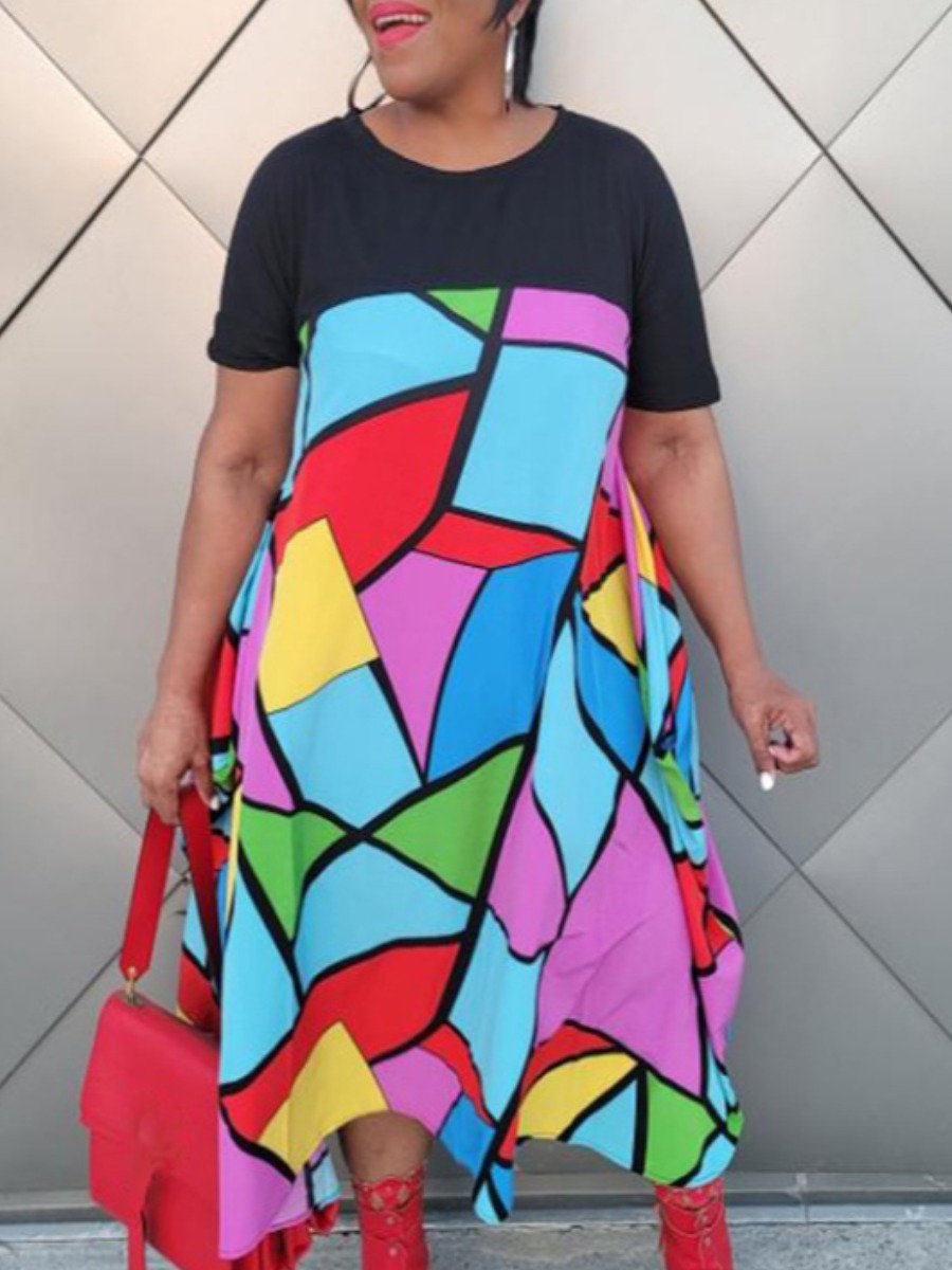 

Lovely Street O Neck Color-lump Multicolor Knee Length Asymmetrical Dress, Multi