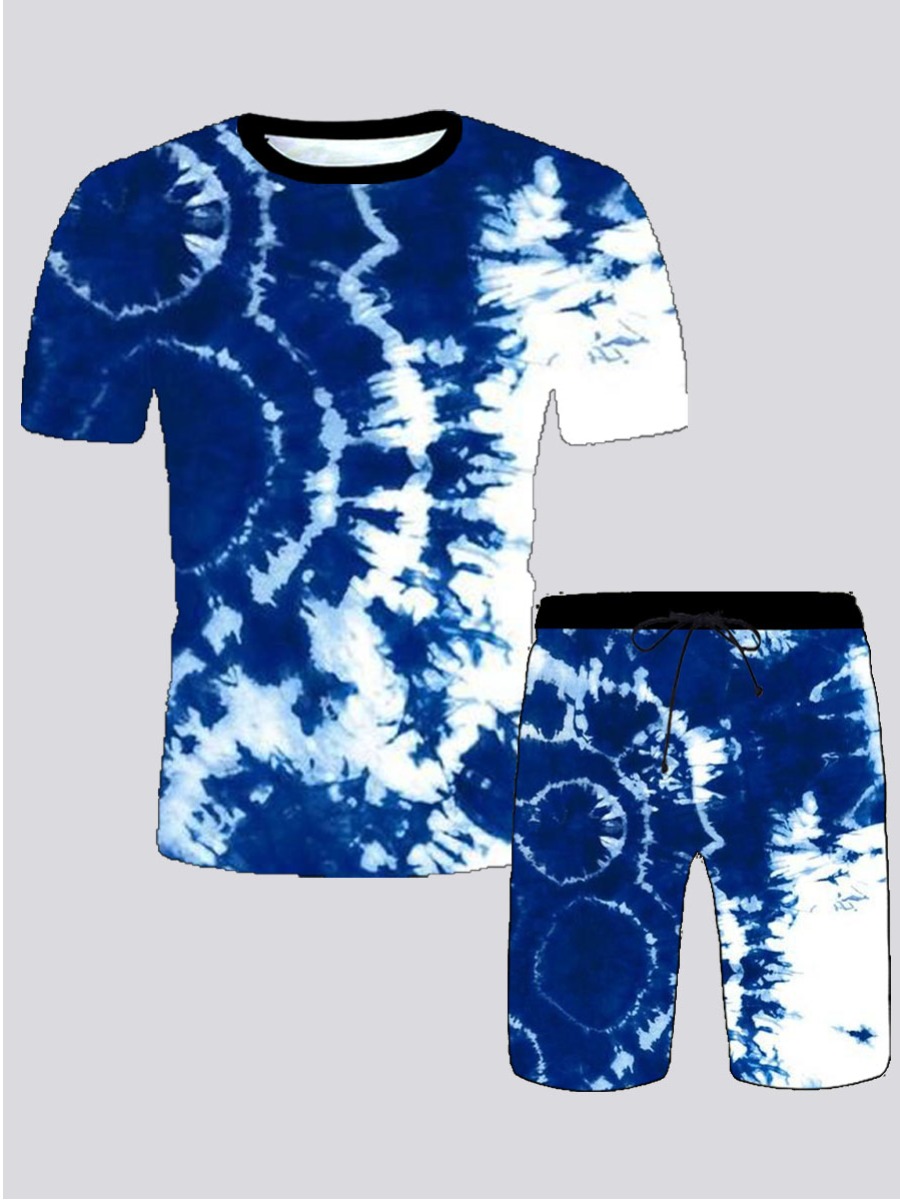 

Lovely Men Street O Neck Tie Dye Blue Two Piece Shorts Set