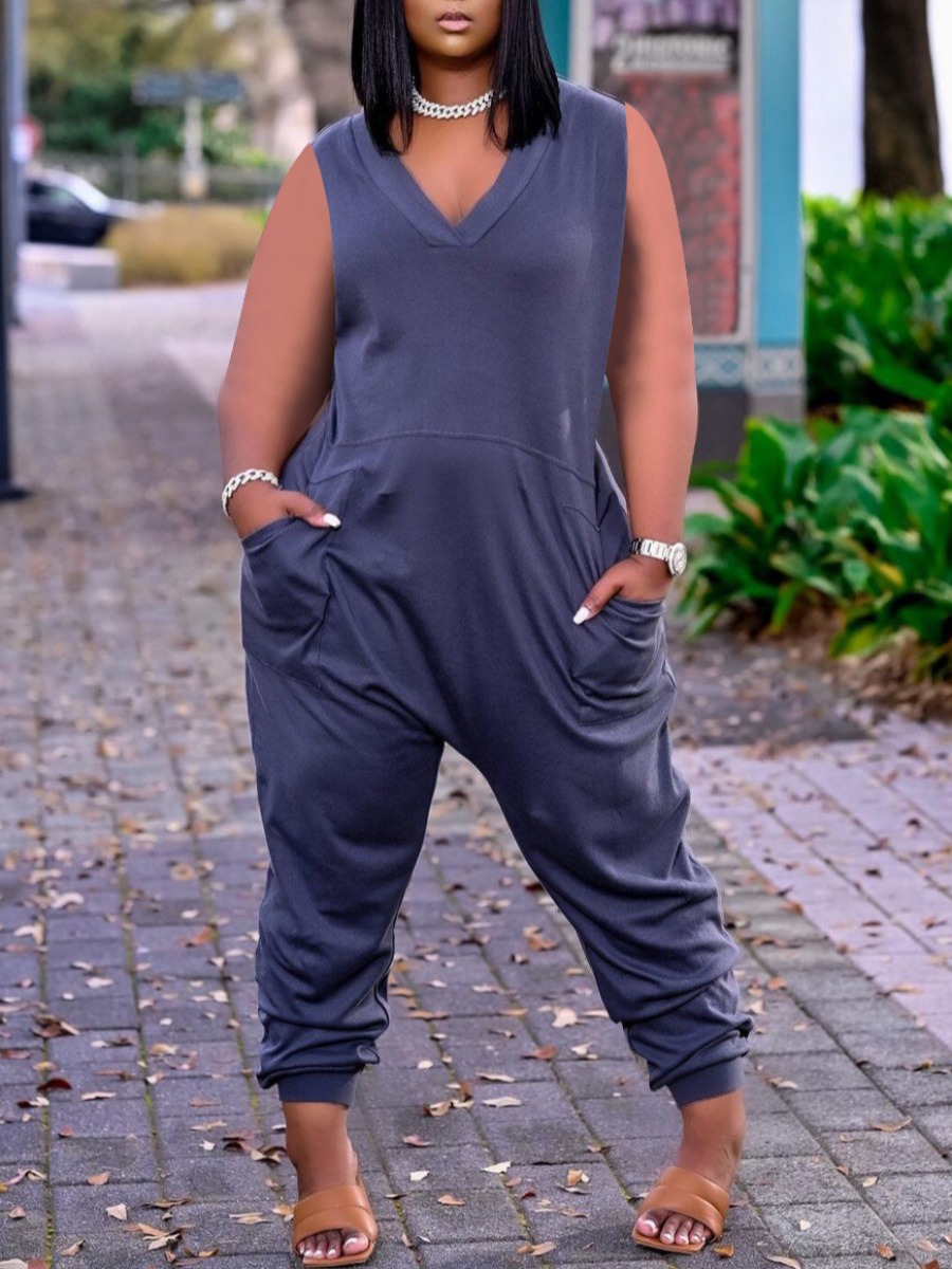 

Lovely Street V Neck Pocket Design Blue One-piece Jumpsuit