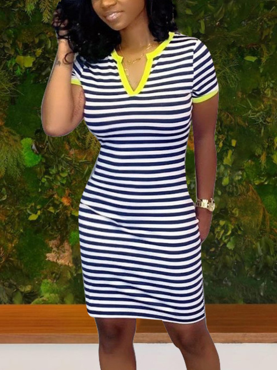 

LW Casual V Neck Striped Black Knee Length Dress, Black stripe