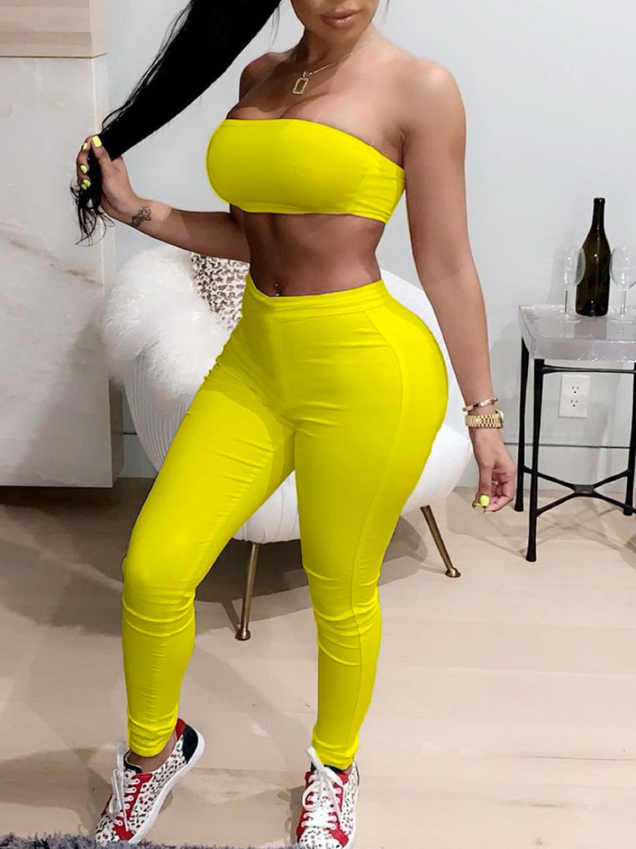 

Lovely Casual Off The Shoulder High-waisted Yellow Two Piece Pants Set
