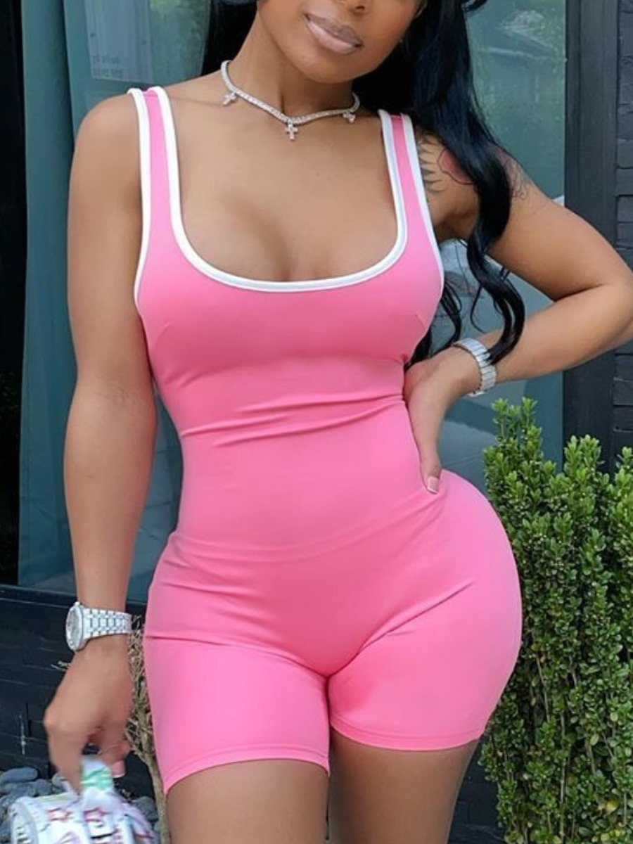 

LW Sporty U Neck Basic Skinny Pink One-piece Romper