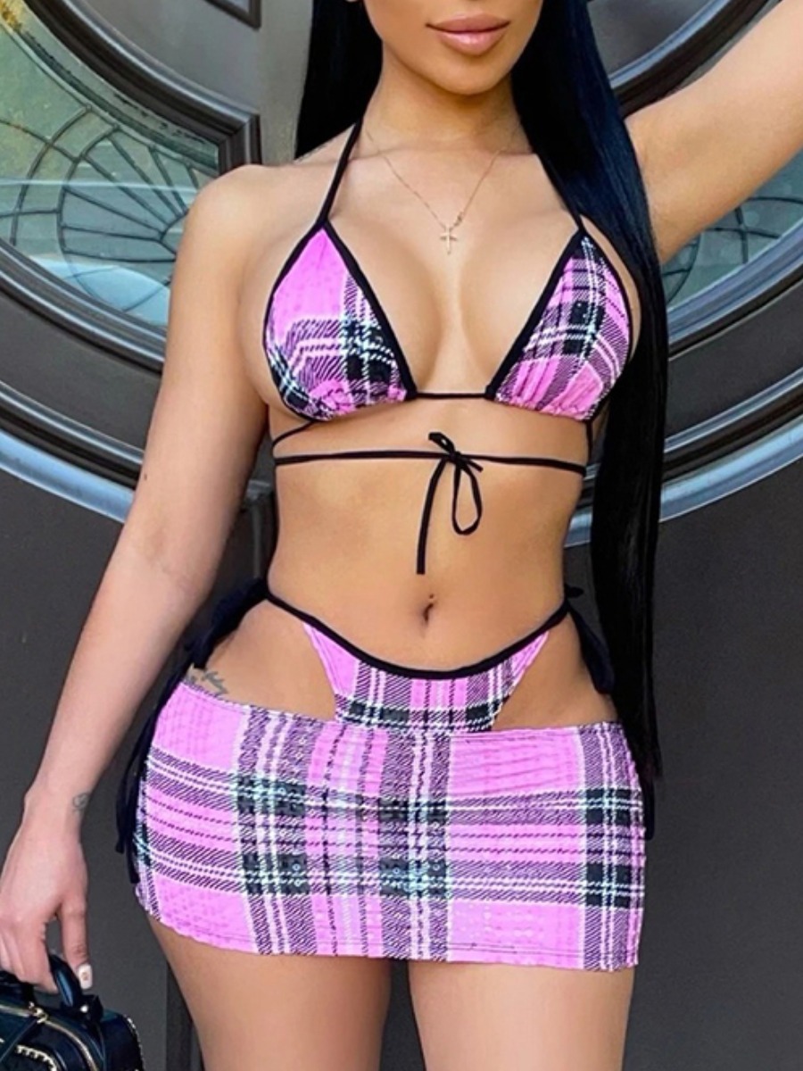 

Lovely Boho Backless Plaid Print Light Purple Two-piece Swimsuit