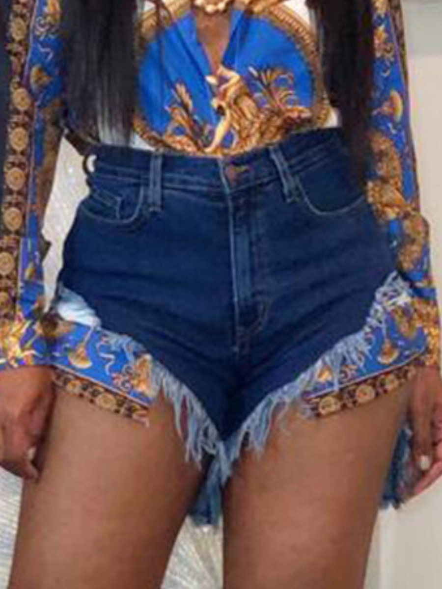 

Lovely Street High-waisted Raw Edge Deep Blue Denim Shorts