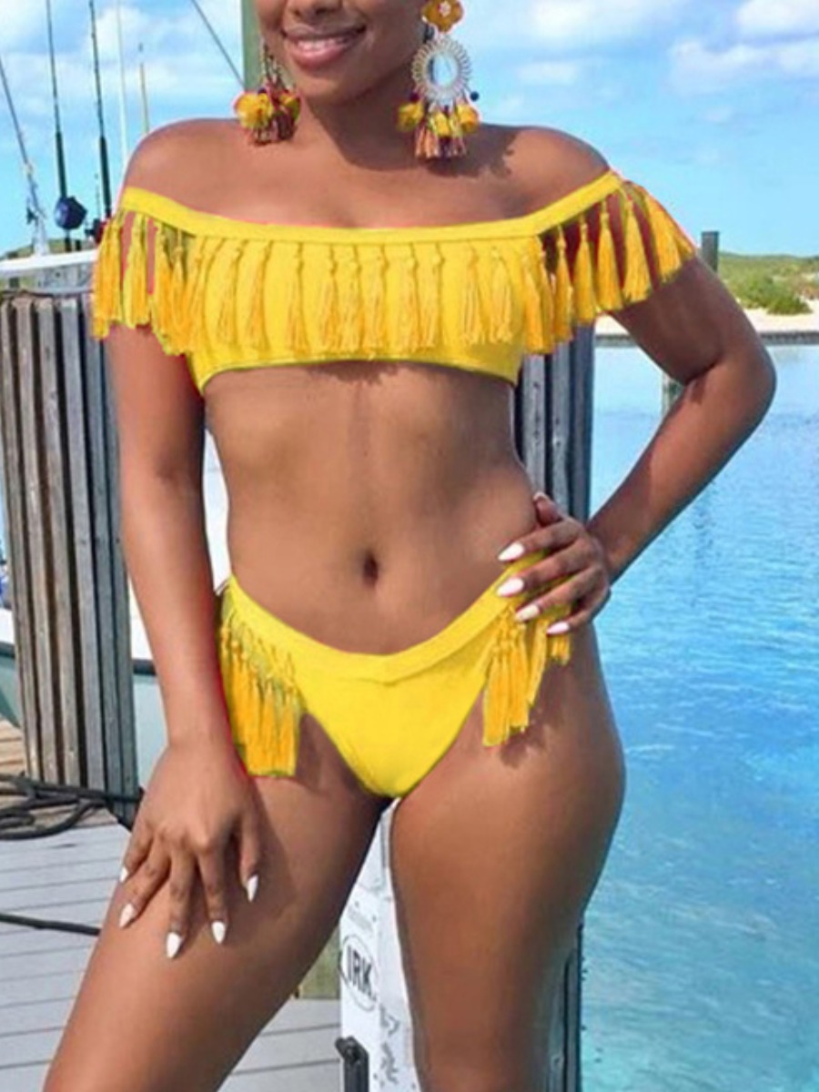 

Lovely Boho Off The Shoulder Tassel Design Yellow Two-piece Swimsuit