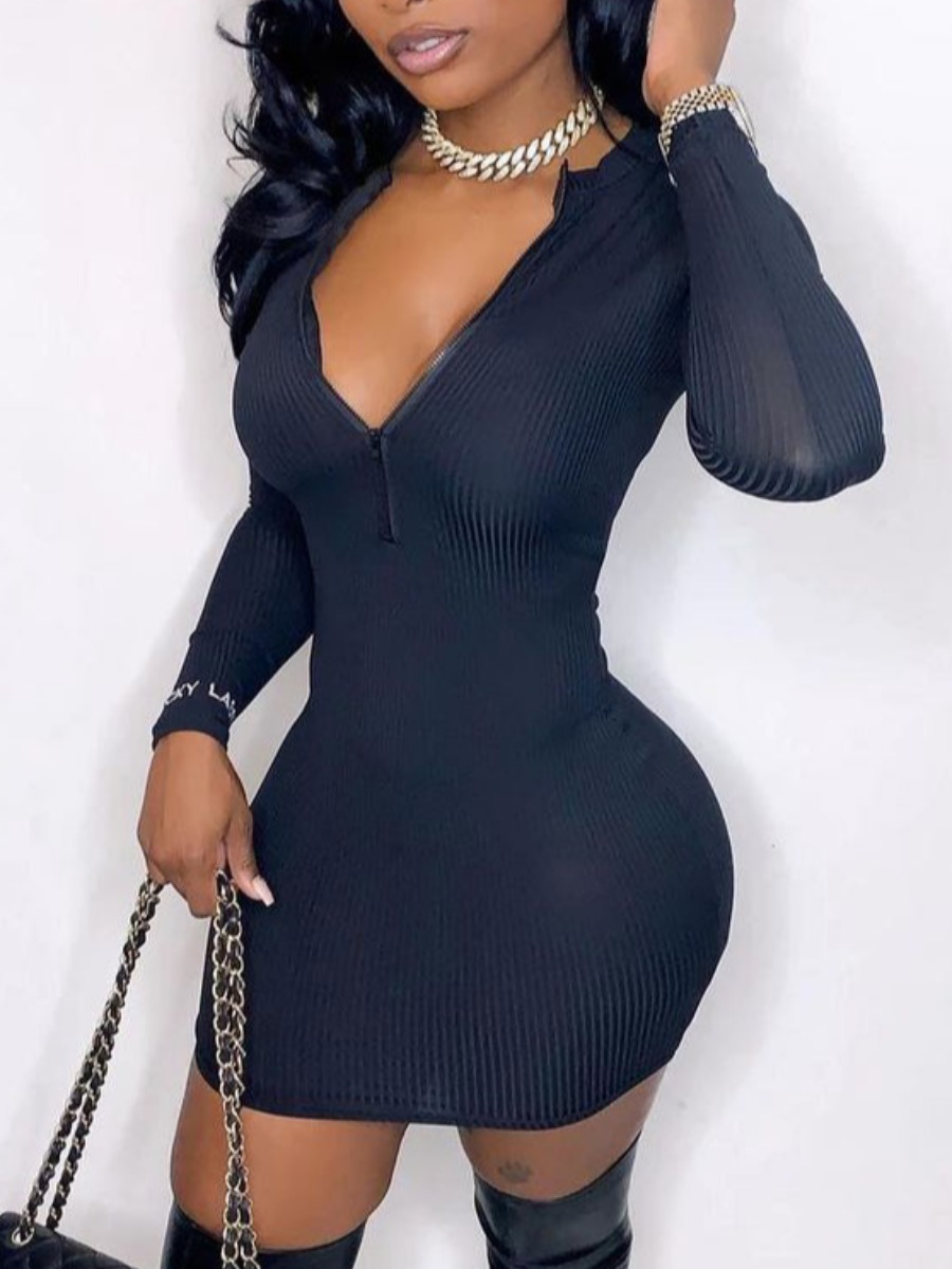 

LW Casual V Neck Rib-Knit Black Mini Dress
