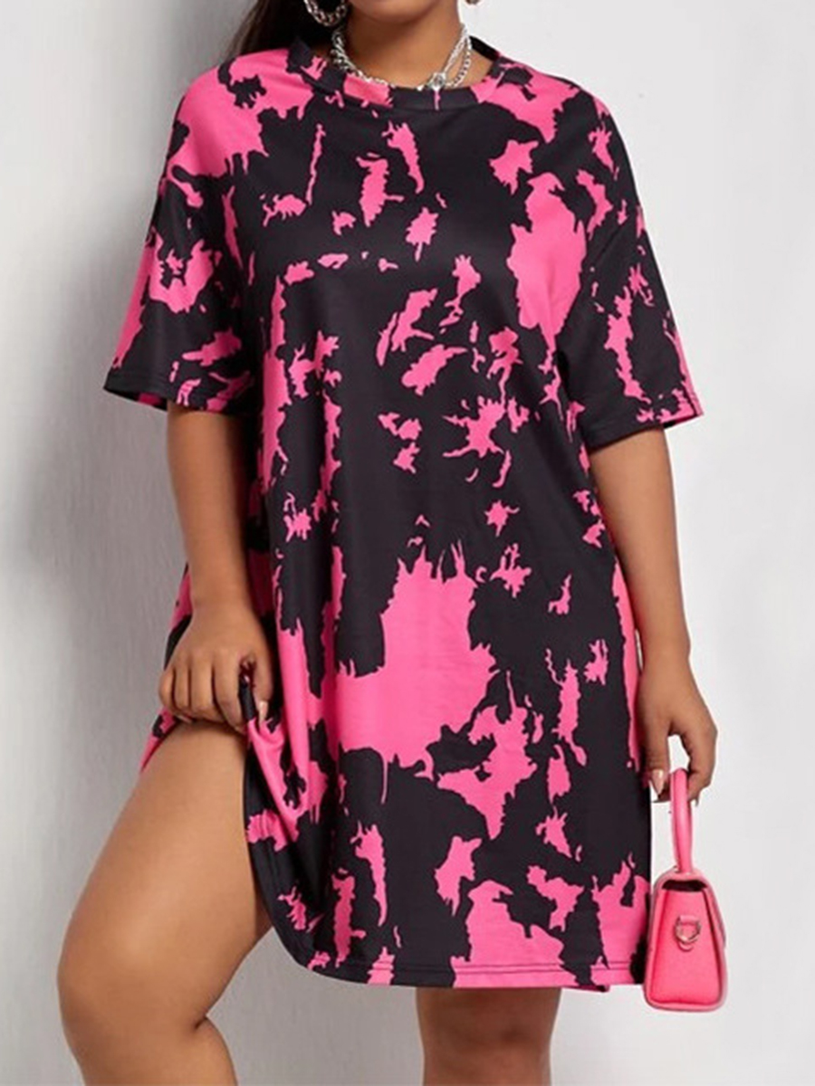 

Lovely Plus Size Casual Dropped Shoulder Tie-dye Rose Red Mini Dress