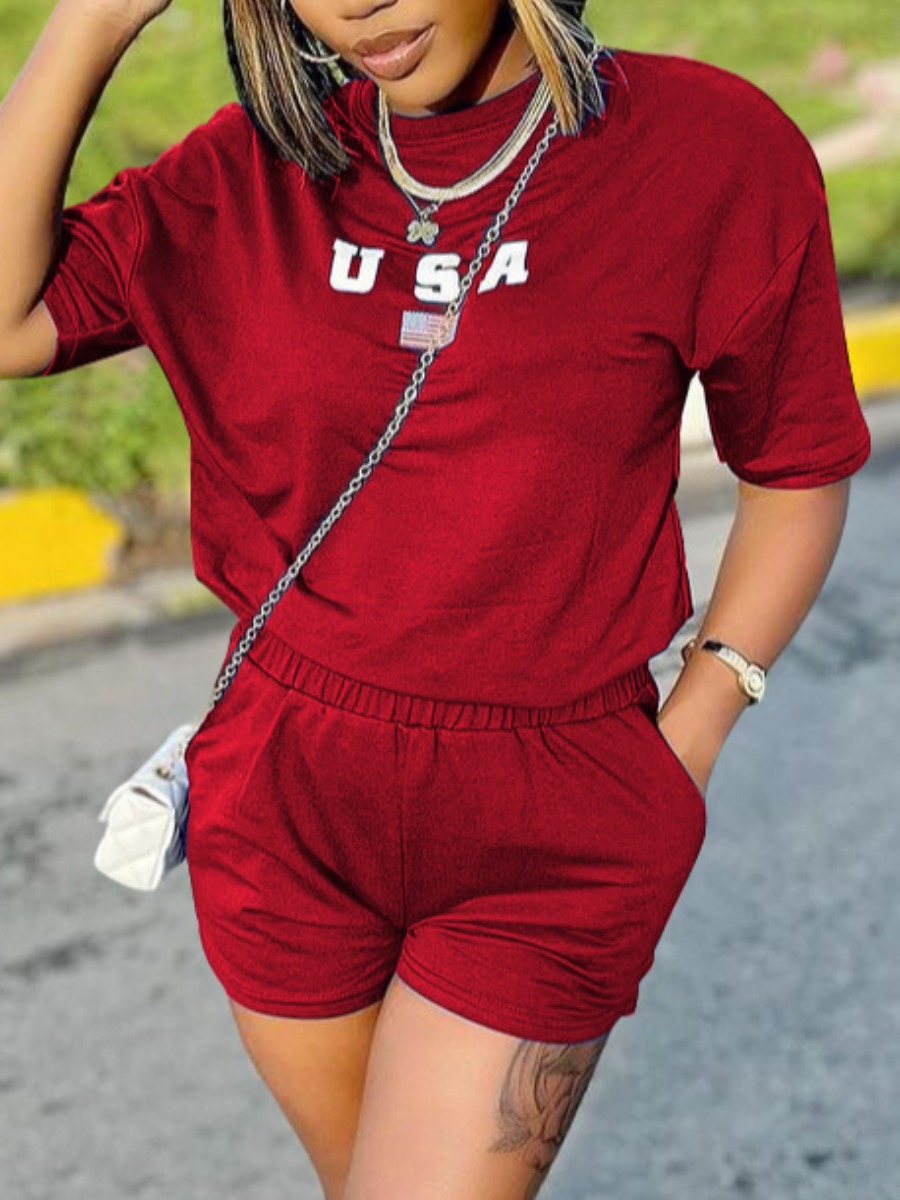 

Lovely Sporty O Neck Letter Print Red Two Piece Shorts Set