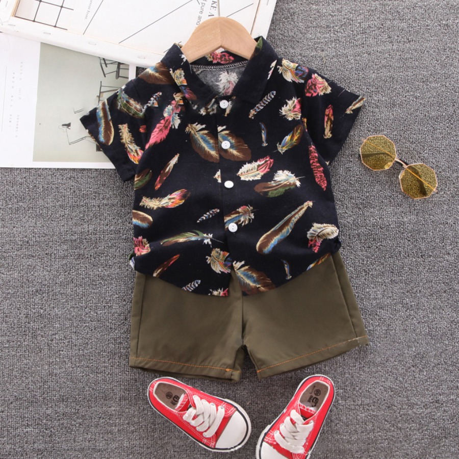 

Lovely Boy Boho Feather Print Patchwork Black Two Piece Shorts Set