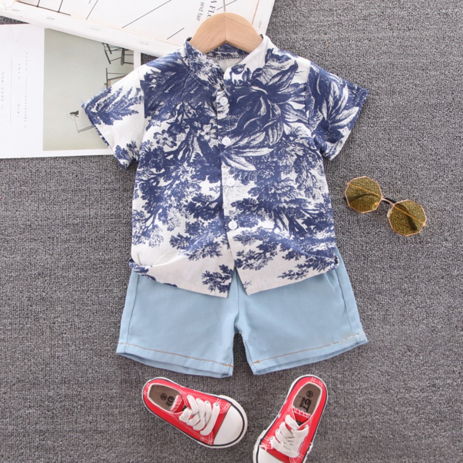 

Lovely Boy Boho Floral Print Patchwork Acid Blue Two Piece Shorts Set