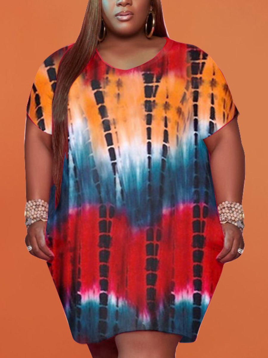 

LW Plus Size Casual O Neck Tie-dye Red Knee Length Dress