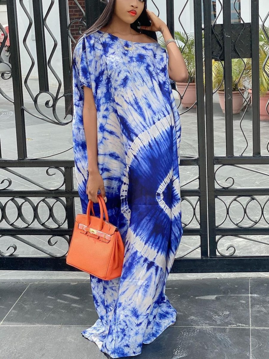 

Lovely Street O Neck Tie-dye Navy Blue Floor Length Dress
