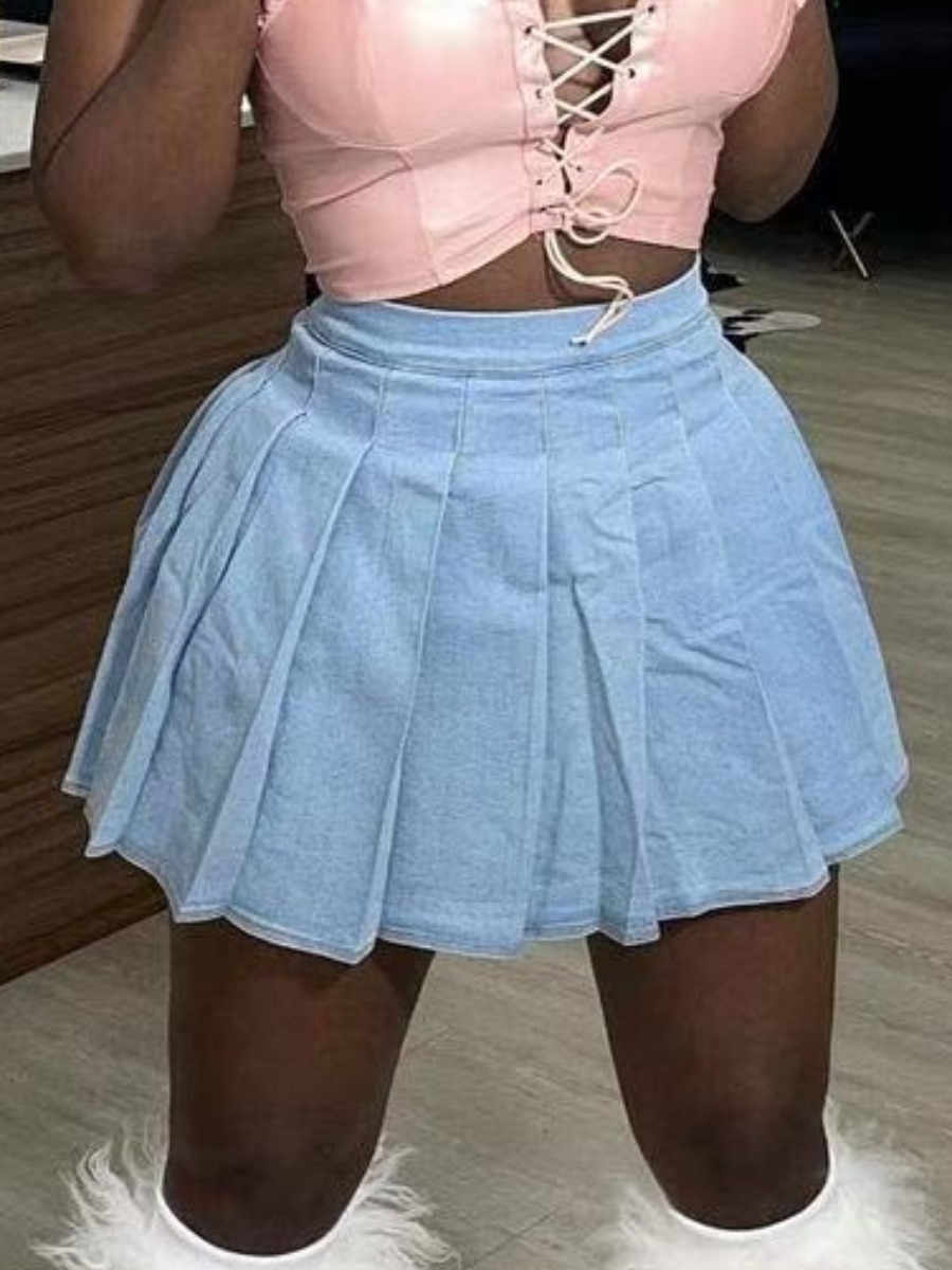 

Lovely Plus Size Sweet Pleated Baby Blue Mini A Line Denim Skirt