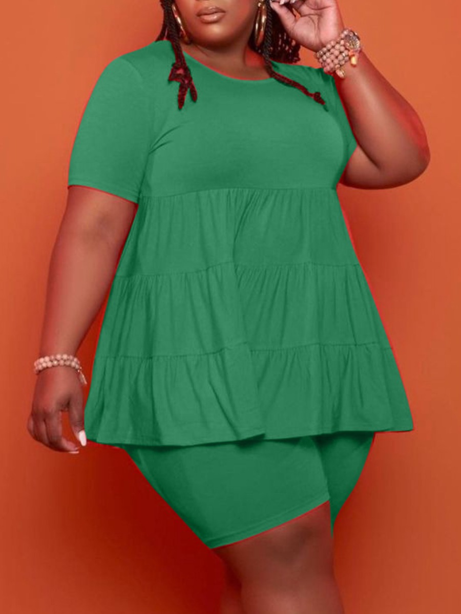 

Lovely Plus Size Casual O Neck Ruffle Design Green Two-piece Shorts Set