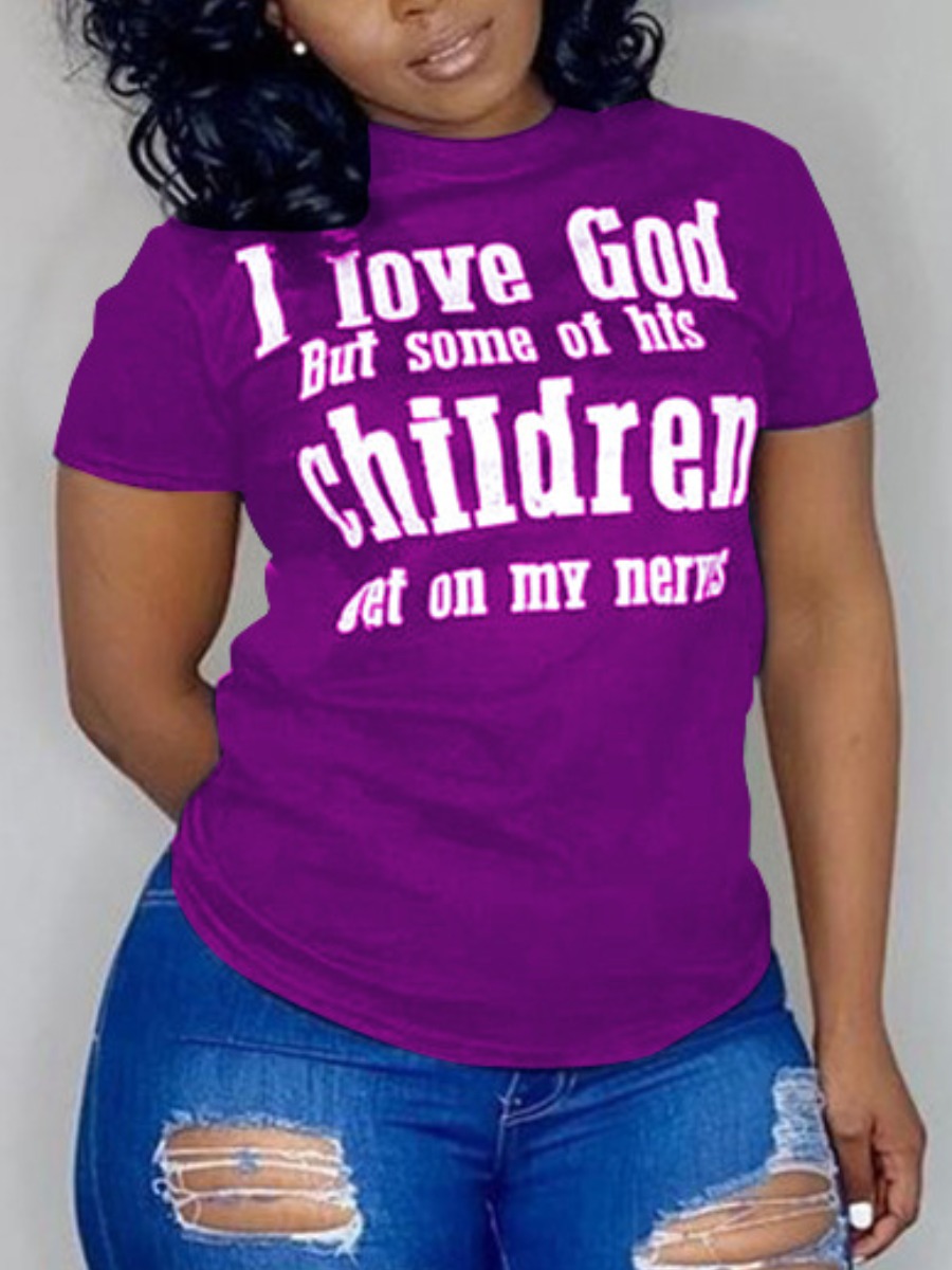 

Lovely Plus Size Street O Neck Letter Print Purple T-shirt