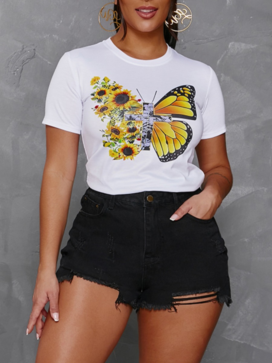 

Lovely Casual Butterfly Floral Print White T-shirt