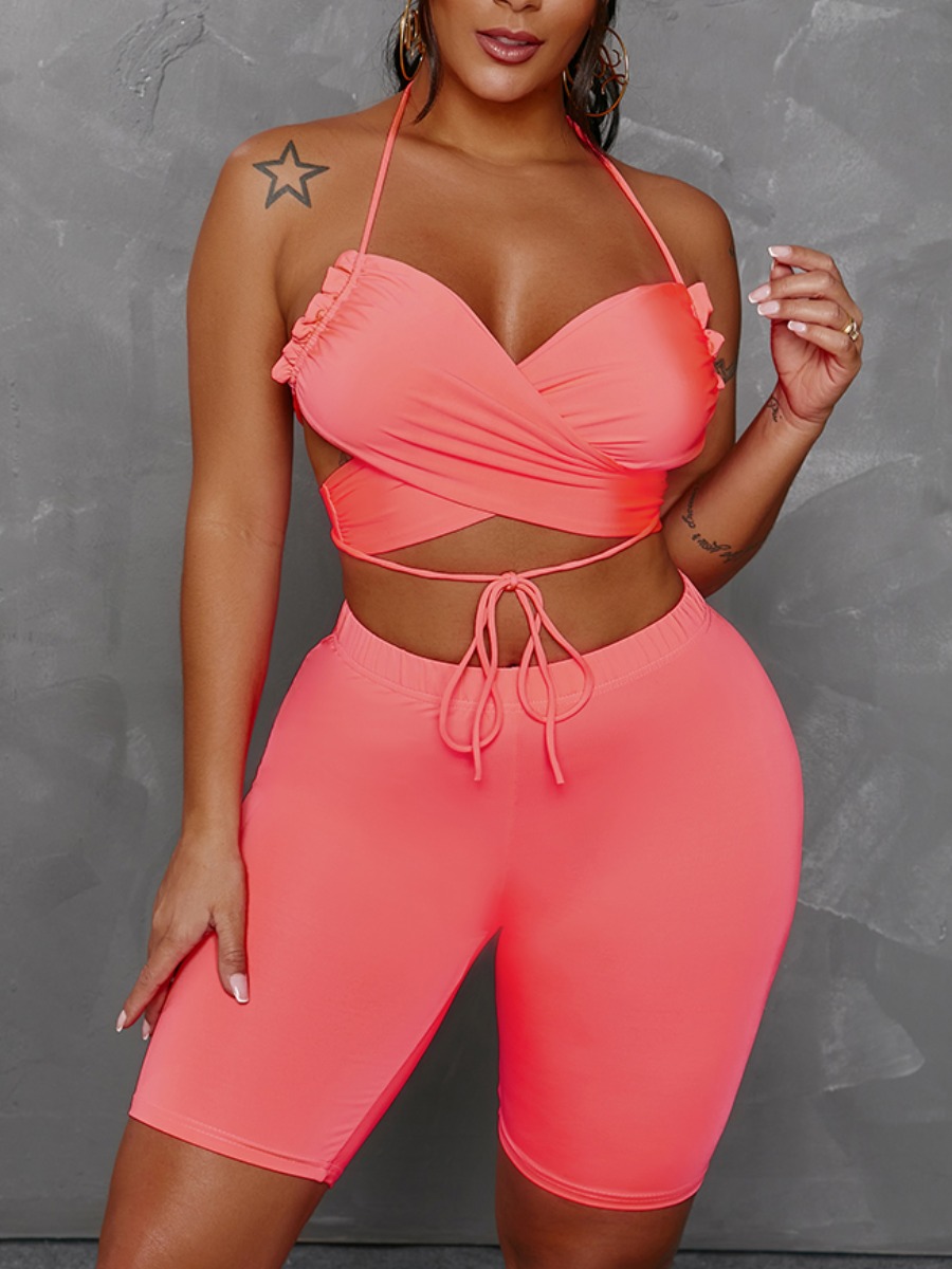 

Lovely Sexy Backless Bandage Design Pink Two Piece Shorts Set