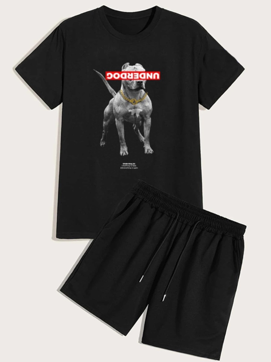 

Lovely Men Casual Animal Print Drawstring Black Two Piece Shorts Set