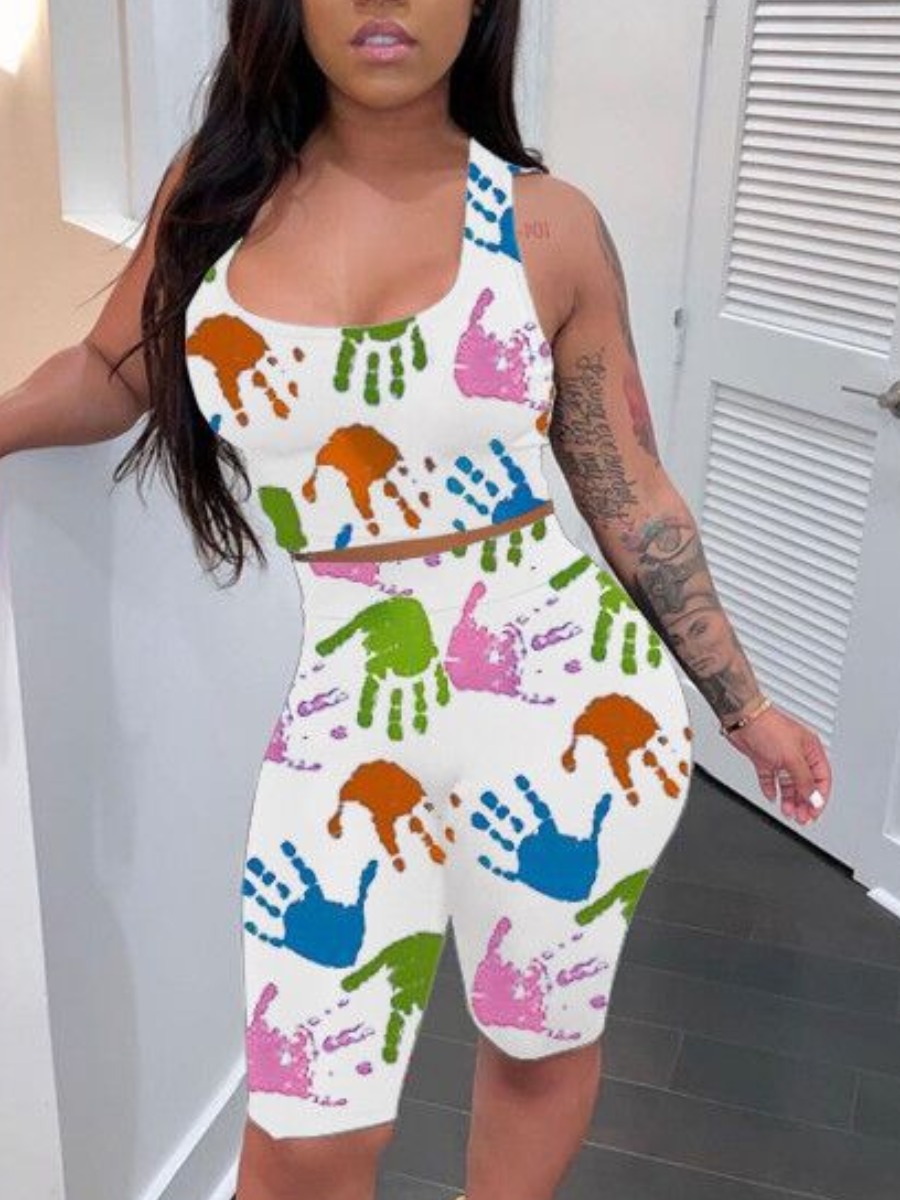 

LW Street U Neck Palm Print White Two Piece Shorts Set