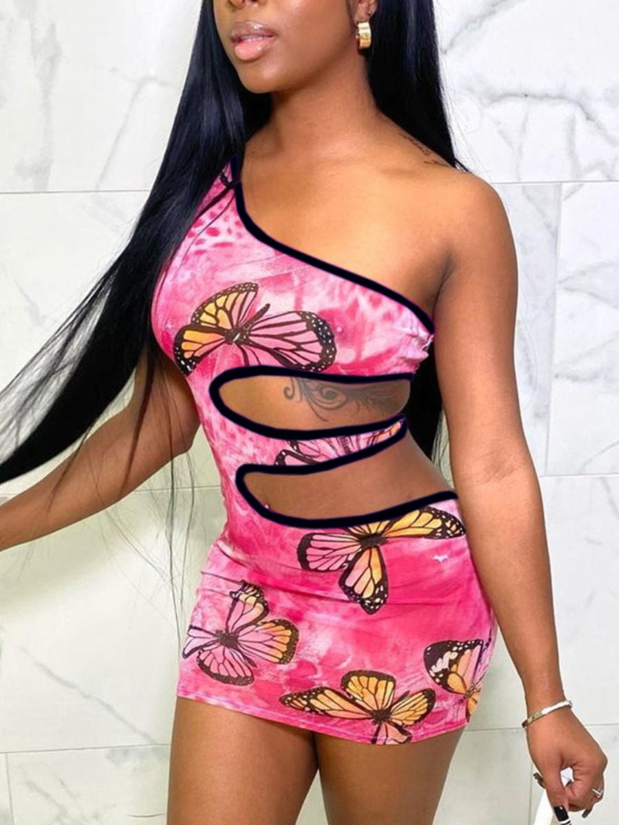 

Lovely Sexy Butterfly Print One Shoulder Hollow-out Pink Mini Dress